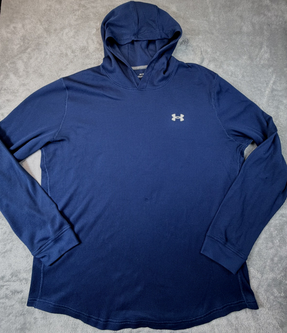 Under Armour Men's Waffle Knit Hoodie Navy Blue Loose Fit Pullover XL Stretch